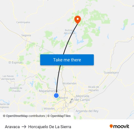 Aravaca to Horcajuelo De La Sierra map