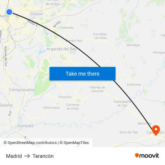 Madrid to Tarancón map