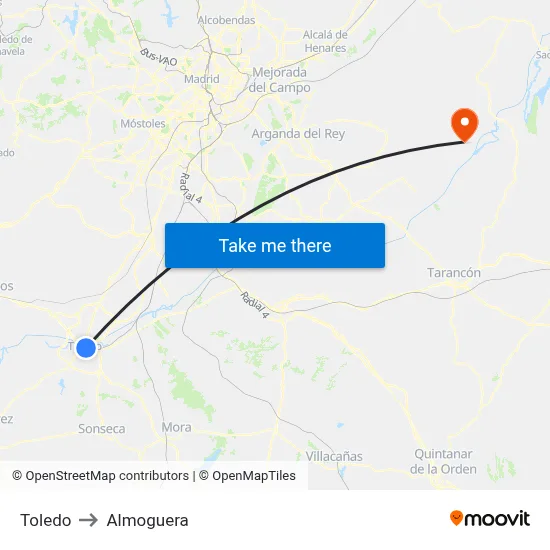Toledo to Almoguera map