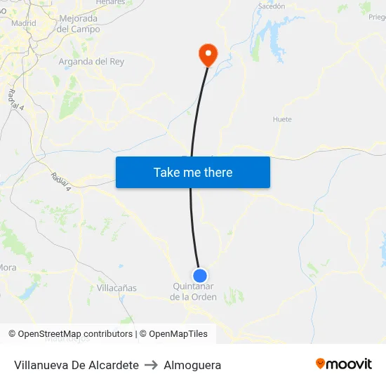 Villanueva De Alcardete to Almoguera map