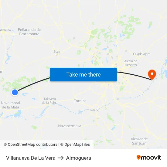 Villanueva De La Vera to Almoguera map