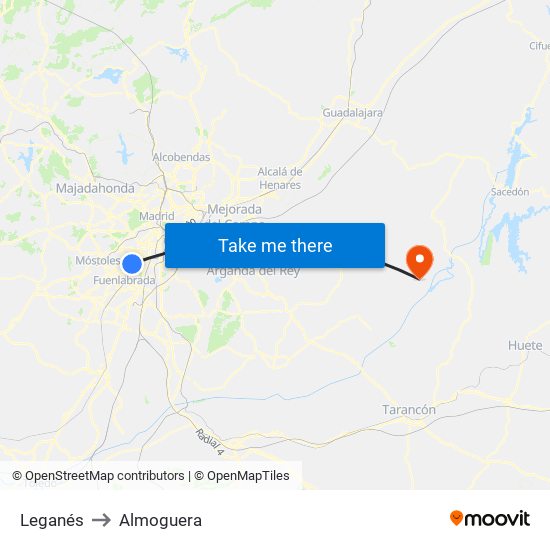Leganés to Almoguera map