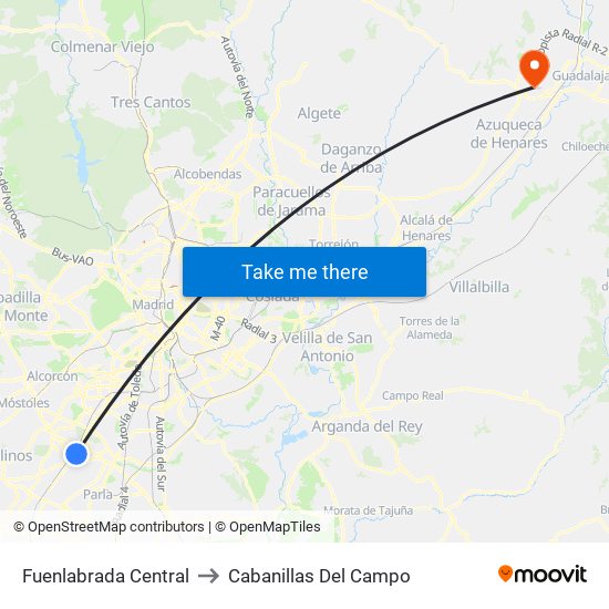 Fuenlabrada Central to Cabanillas Del Campo map