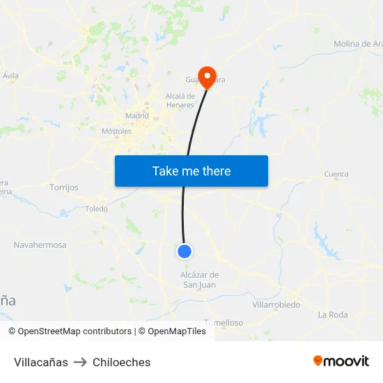 Villacañas to Chiloeches map