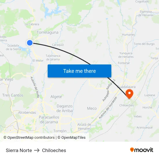 Sierra Norte to Chiloeches map