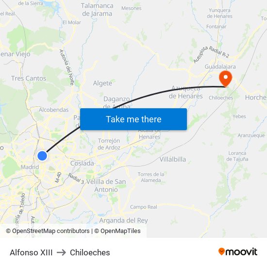 Alfonso XIII to Chiloeches map