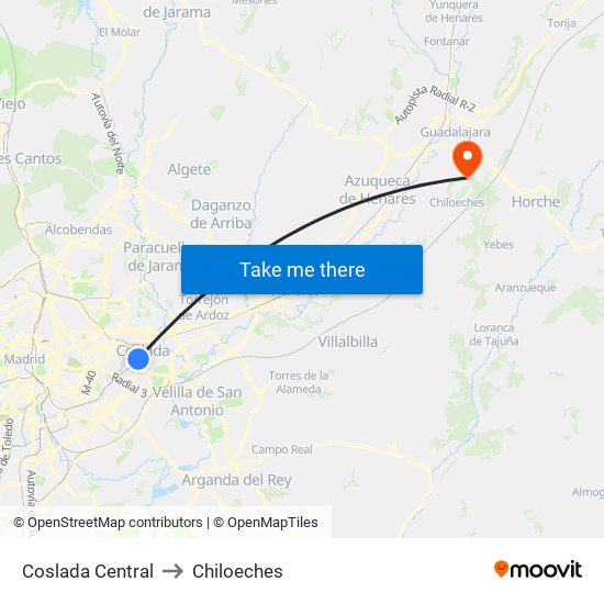 Coslada Central to Chiloeches map