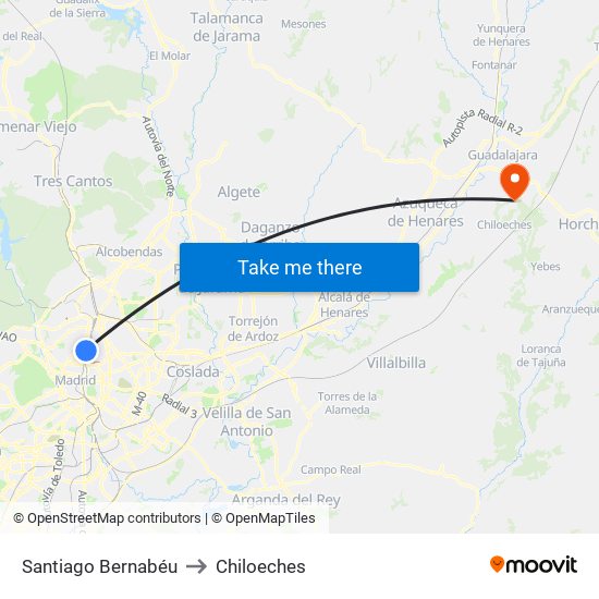 Santiago Bernabéu to Chiloeches map
