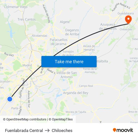 Fuenlabrada Central to Chiloeches map