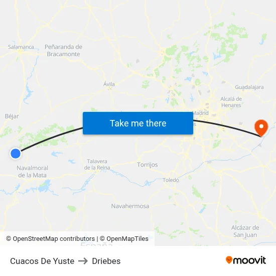 Cuacos De Yuste to Driebes map