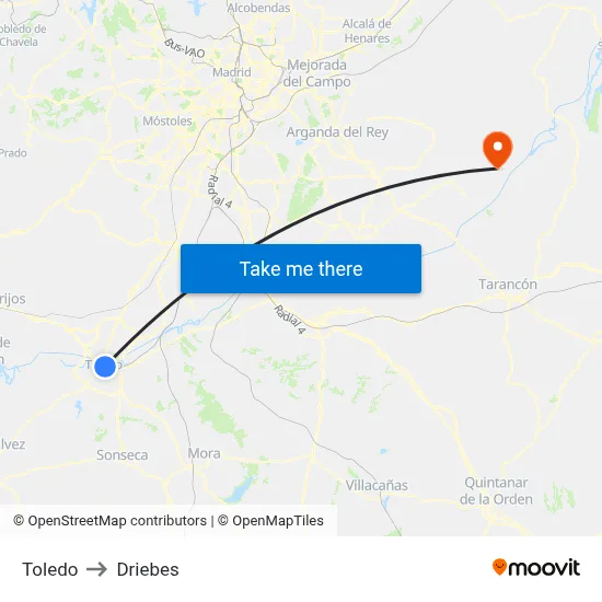 Toledo to Driebes map