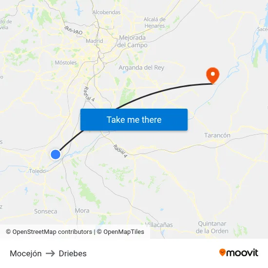 Mocejón to Driebes map