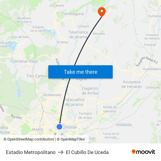 Estadio Metropolitano to El Cubillo De Uceda map