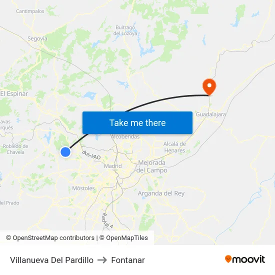 Villanueva Del Pardillo to Fontanar map