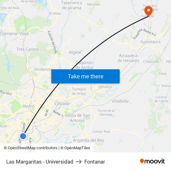 Las Margaritas - Universidad to Fontanar map