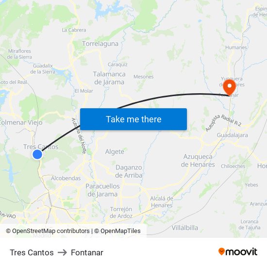 Tres Cantos to Fontanar map