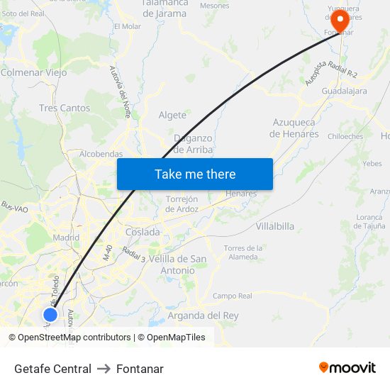 Getafe Central to Fontanar map