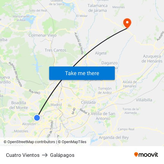 Cuatro Vientos to Galápagos map