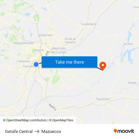 Getafe Central to Mazuecos map