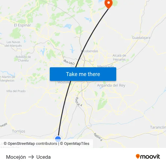 Mocejón to Uceda map