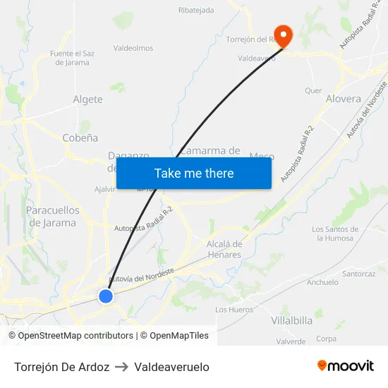 Torrejón De Ardoz to Valdeaveruelo map