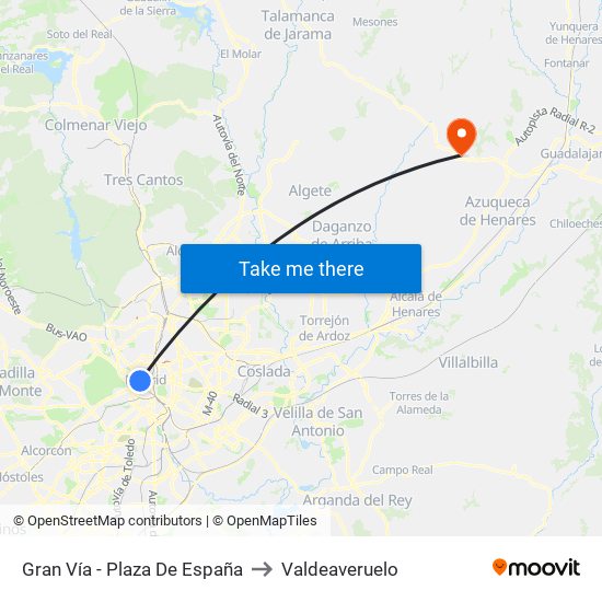 Gran Vía - Plaza De España to Valdeaveruelo map