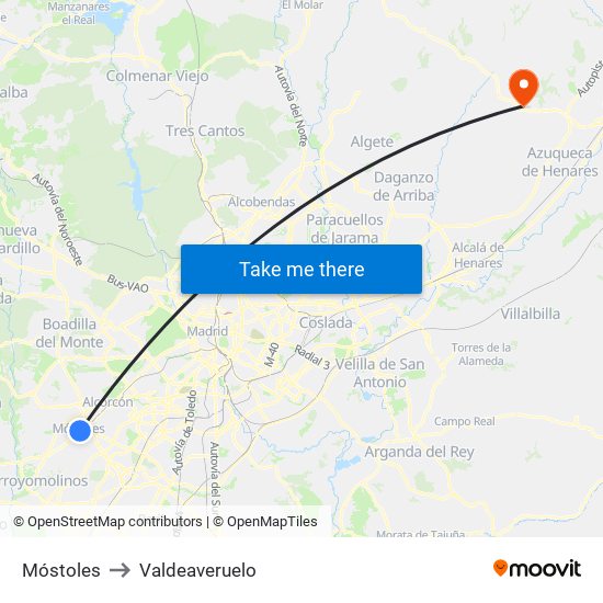 Móstoles to Valdeaveruelo map