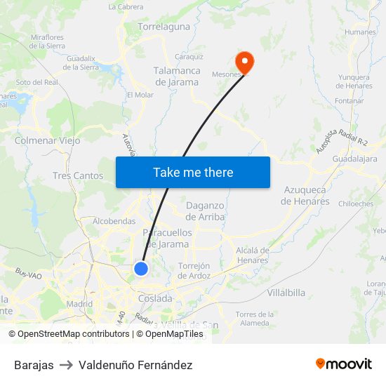 Barajas to Valdenuño Fernández map