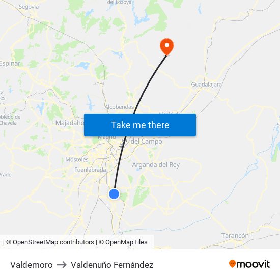 Valdemoro to Valdenuño Fernández map