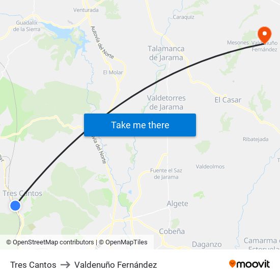 Tres Cantos to Valdenuño Fernández map