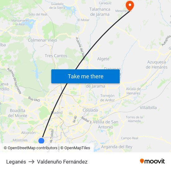 Leganés to Valdenuño Fernández map
