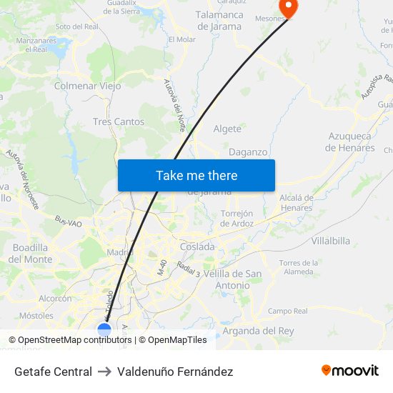 Getafe Central to Valdenuño Fernández map