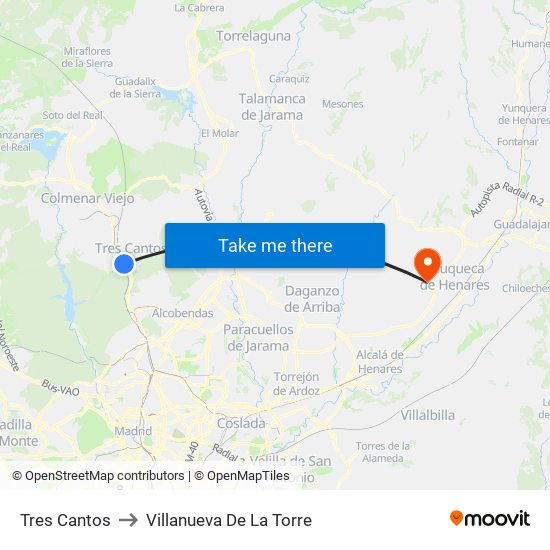 Tres Cantos to Villanueva De La Torre map