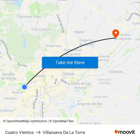 Cuatro Vientos to Villanueva De La Torre map