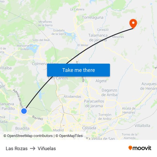 Las Rozas to Viñuelas map