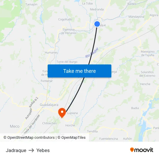 Jadraque to Yebes map