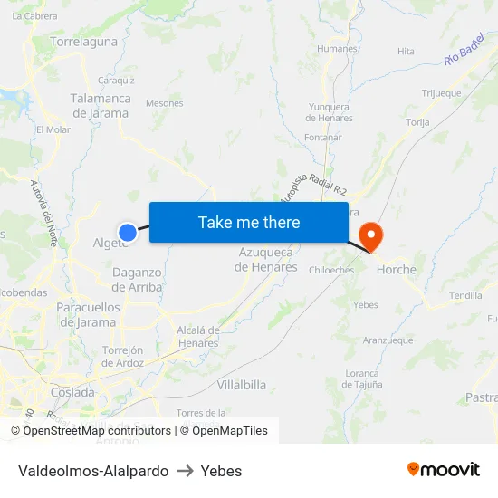Valdeolmos-Alalpardo to Yebes map