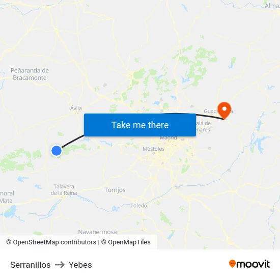 Serranillos to Yebes map