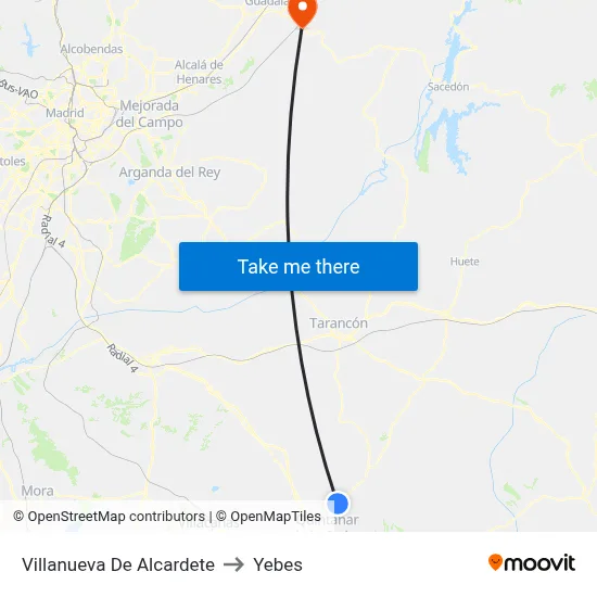 Villanueva De Alcardete to Yebes map
