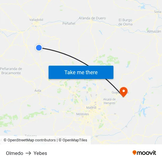 Olmedo to Yebes map