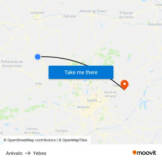 Arévalo to Yebes map