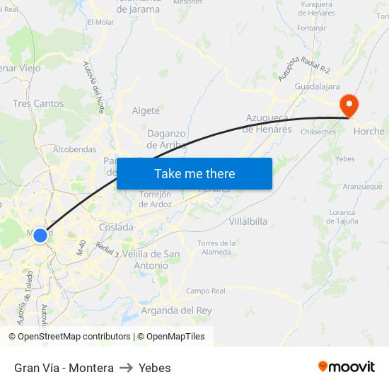 Gran Vía - Montera to Yebes map
