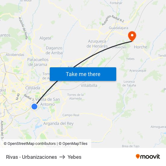 Rivas - Urbanizaciones to Yebes map