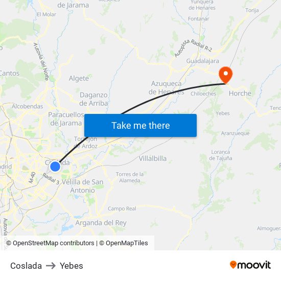 Coslada to Yebes map