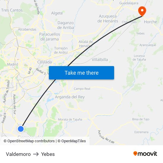 Valdemoro to Yebes map