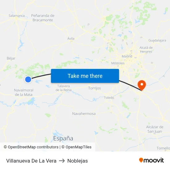 Villanueva De La Vera to Noblejas map