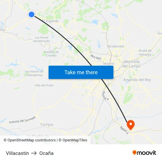 Villacastín to Ocaña map