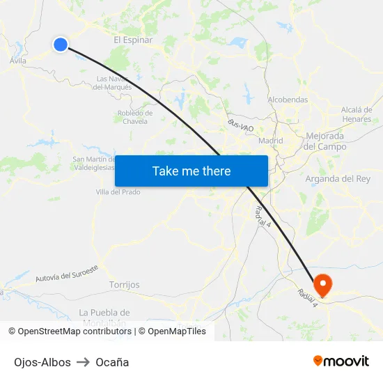 Ojos-Albos to Ocaña map