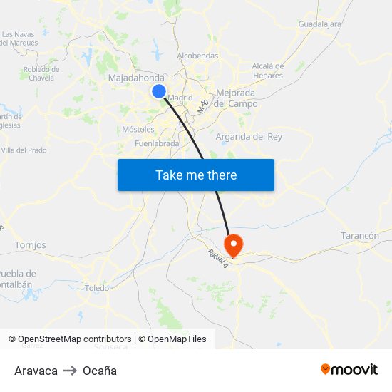 Aravaca to Ocaña map