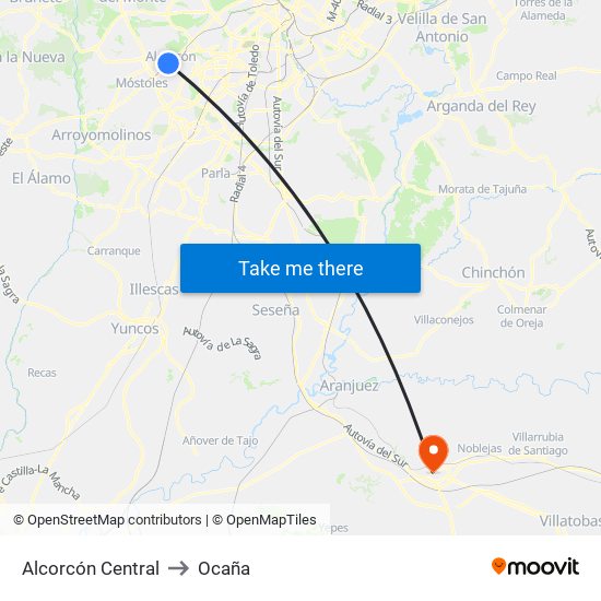 Alcorcón Central to Ocaña map